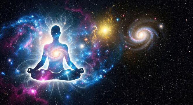 A radiant ethereal entity meditates in the vastness of deep space, surrounded by vibrant nebulae and shimmering stars in a surreal cosmos, abstract, energy, stardust