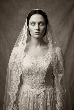Spooky vintage portrait of an eerie pale bride wearing a classic lace dress and veil. She has terrifying solid white eyes, resembling a scary ghost.