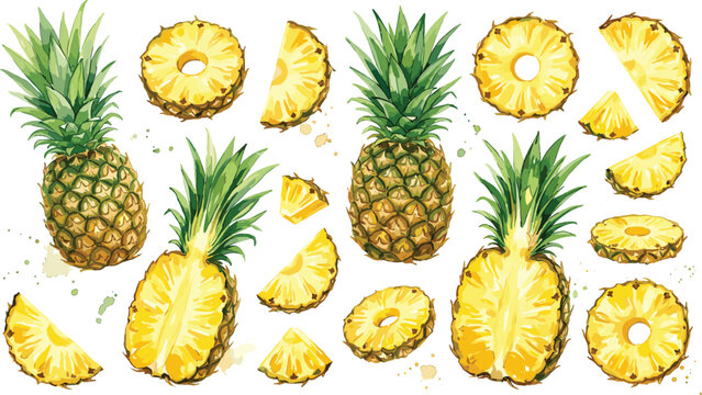 Watercolor Pineapple Fruit Collection Showing Whole, Half Cut, Ring Slice, and Wedge Pieces Isolated on White Background for Food Design