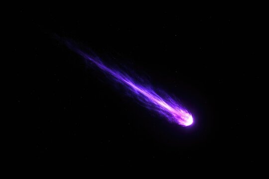 Solitary purple meteor streaking in pitch black void
