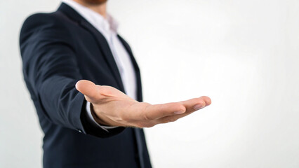 Fototapeta premium Businessman in a suit reaching out his hand with an open palm for a professional partnership concept