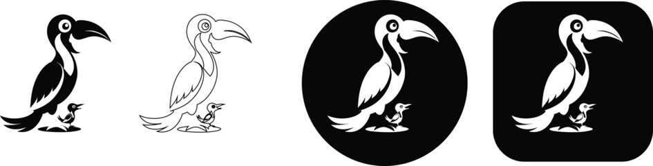 Obraz premium Toucan bird family silhouette and outline with a small chick on a white background