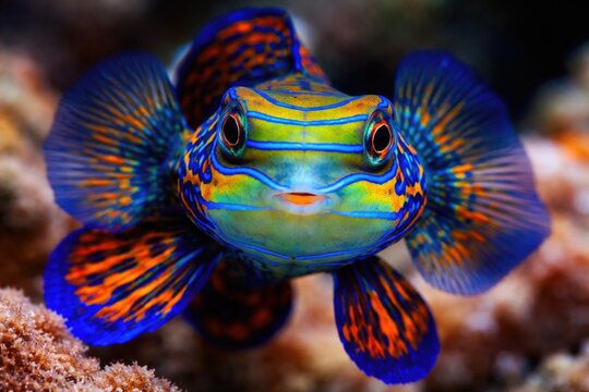 Closeup portrait of a mandarin fish with striking color details