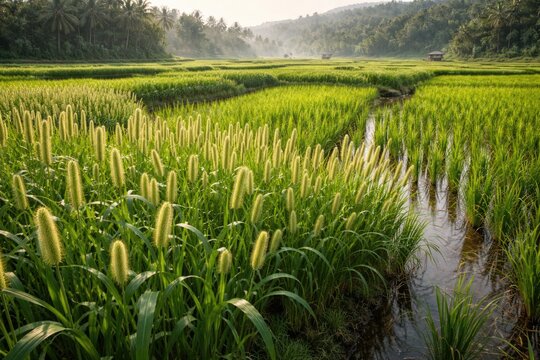 Dense phleum growth enriching fertile rice paddy landscapes