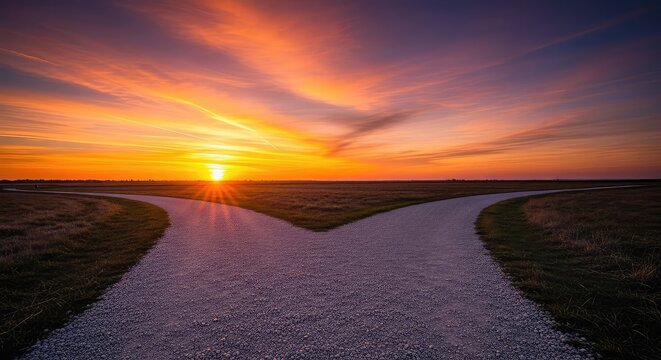 A winding gravel path splits into two distinct directions under a dramatic sunset sky, symbolizing a crucial choice or a life turning point, light, morning, trail