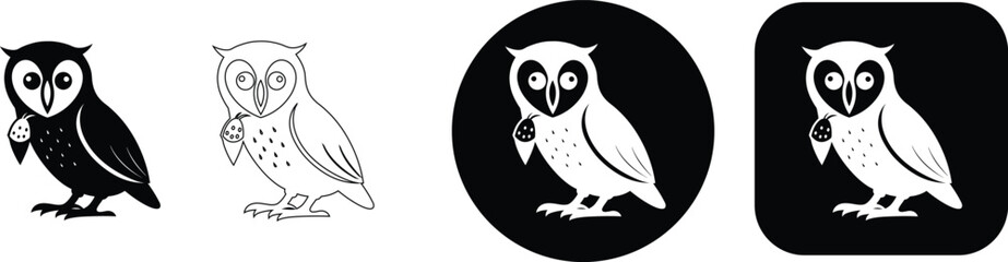 Obraz premium Owl with a berry silhouette and outline on a white background, bird