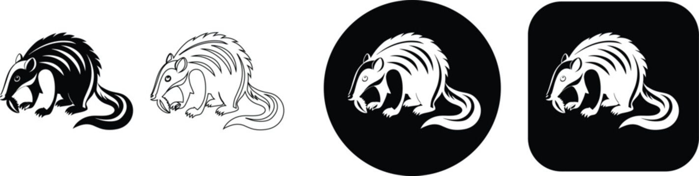 Sabre-toothed animal silhouette and outline on a white background, sabertooth