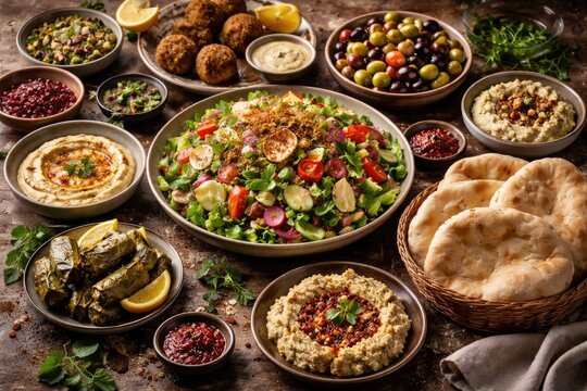 Middle Eastern meze arranged on rustic surface including fattoush salad and pita with olives