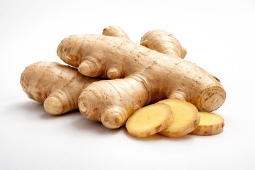 Fototapeta premium Ginger root isolated against a smooth white backdrop featuring copy space