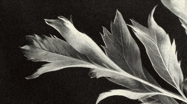 Lith printing black and white image of leaf texture, emphasizing grain and extreme contrast, Darkroom style.