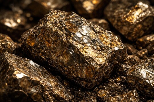 Zoomed image of nickel ore displaying brown gold coloration and lustrous mineral surfaces with metallic highlights