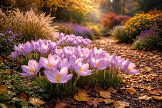 Fall season garden featuring blooming Colchicum autumnale plants