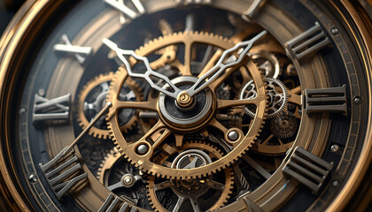 Obraz premium Steampunk Clock Close Up with Rotating Gears and Brass Mechanical Detail