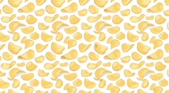 Seamless Potato Chips Pattern with Crispy Yellow Snack Pieces Scattered on White Background for Food and Packaging Design