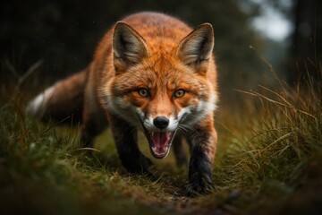 Fototapeta premium vibrant fox demonstrating open mouth stalking its intended prey
