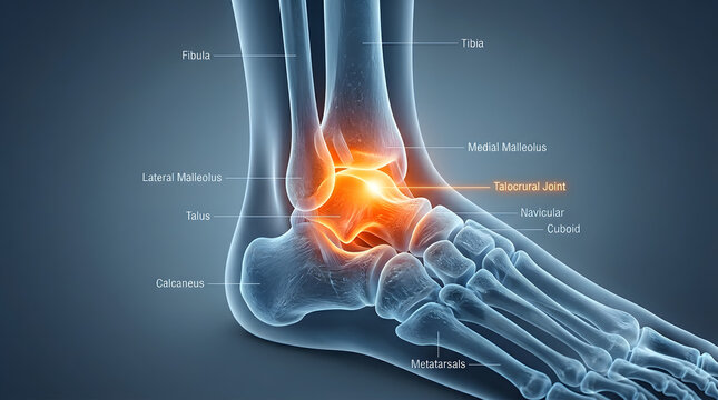 Ankle joint anatomy illustration with highlighted talocrural joint and bones