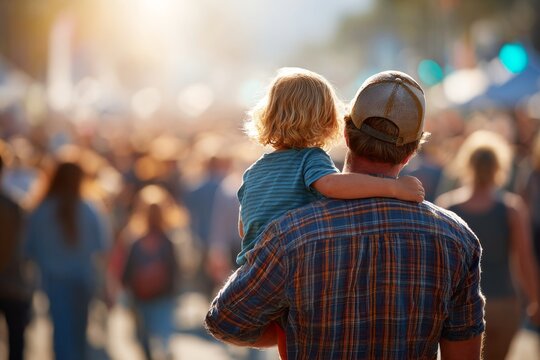 A man in a plaid shirt carries a child on his shoulders outdoors.