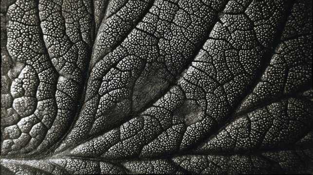Lith printing black and white image of leaf texture, emphasizing grain and extreme contrast, Darkroom style.