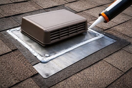 Shingle roof vent with professional caulking and flashing for leak prevention