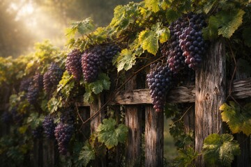 Naklejka premium Lush grape vines bearing ripe fruit on weathered fence in soft morning light