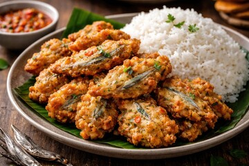 Fototapeta premium Spiced anchovy fritters made from fresh fish and wheat flour served with a portion of white rice