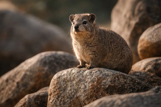 Watchful hyrax perched on stone clusters minimizing threat exposure