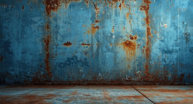 Textured weathered blue wall with rust stains and empty framed copy space for creative backgrounds