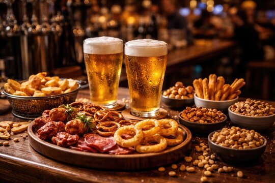 Tasty salty snacks complementing cold light beer at a bustling bar counter