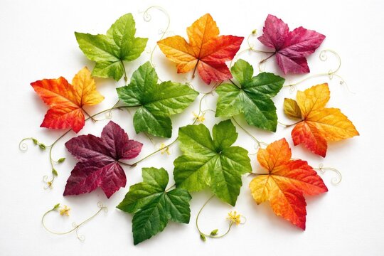 Colorful Coccinia grandis leaves placed artistically on a white background for natural design projects