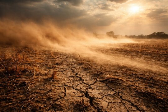 Wind carrying dust over parched field after several dry days