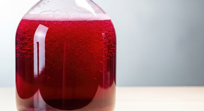 Vibrant red grape juice ferments inside a vintage glass demijohn, capturing the natural carbonation and rich colors of the artisan process, cellar, artisan, red