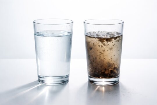 Pure and tainted water in clear glasses placed on a bright white background