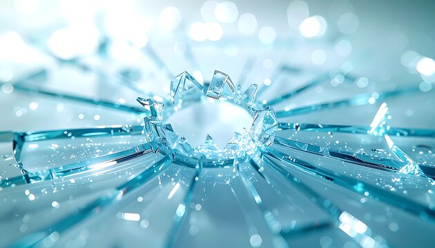 Abstract shattered glass effect with glowing particles and bokeh lights, a dynamic explosion