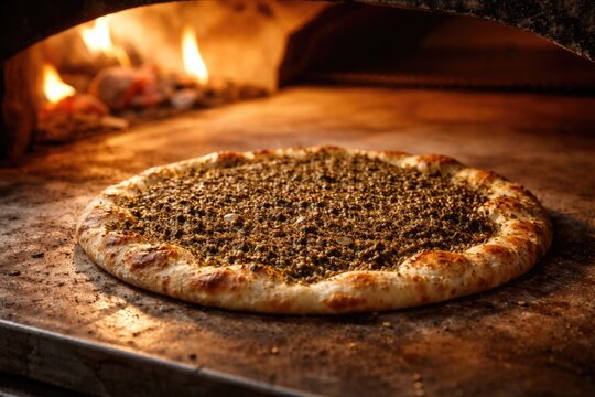 Handcrafted manouche pizza cooking in a commercial pastry oven