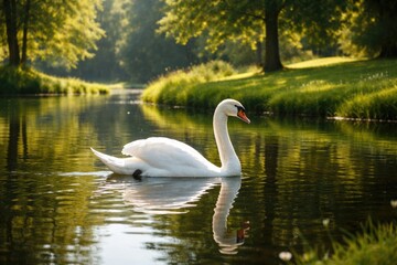 Fototapeta premium Content white swan glides softly across a reflective lake surrounded by lush green lawn during summer