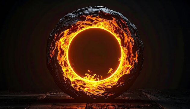 Abstract sphere with glowing orange portal, fiery texture, dark background, digital art, science fiction concept