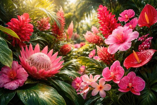 Tropical exotic flowers and greenery in varied pink and red colors