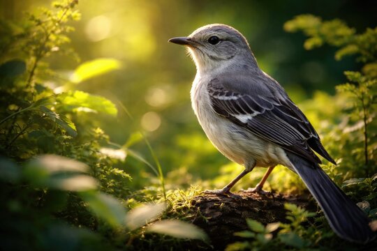 Sunlit feathers of a tranquil mockingbird in vibrant wild greenery