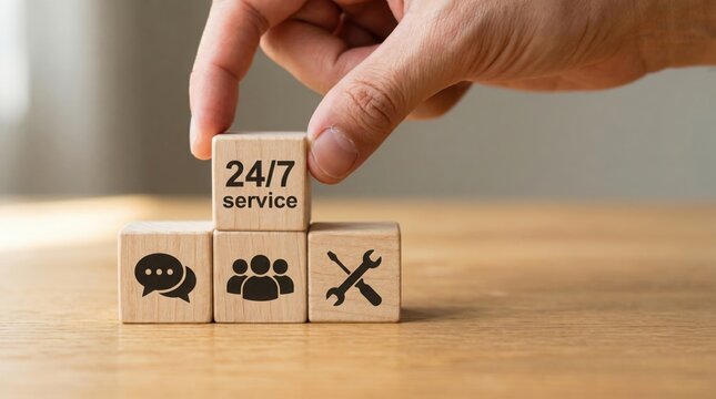A hand arranging wooden blocks featuring customer support icons and 24/7 service lettering, highlighting constant assistance