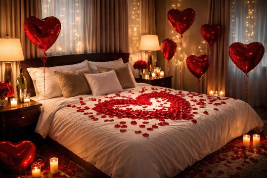 Bedroom scene with red rose petals strewn on bed and heart shaped balloons for romantic holidays