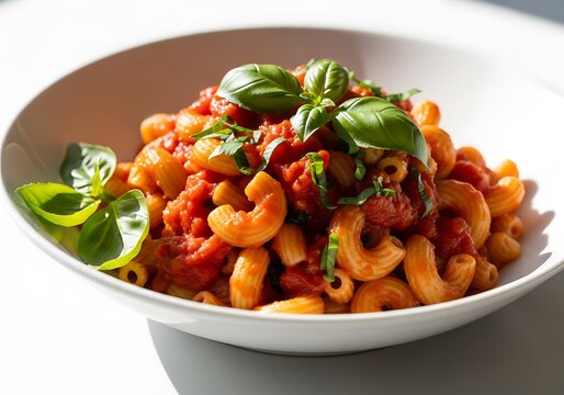 Delicious macaroni pasta with red tomato sauce and fresh green basil leaves in a ceramic bowl. macarrones