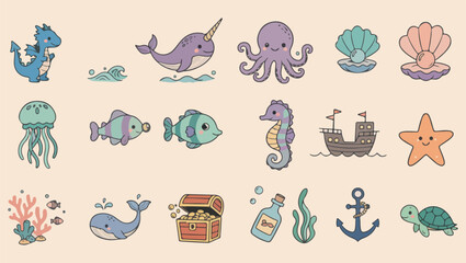 Under the sea icons, Ocean life collection, Cute marine animals, Whale octopus seahorse, Nautical treasure graphics, Sea shell illustrations, Underwater world clip art   © Geetaroy