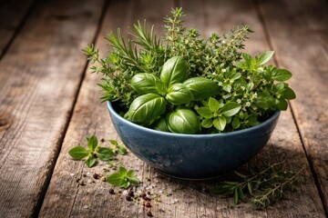 Naklejka premium Mixed culinary herbs inside a glossy blue bowl resting on weathered wood floor with copy space