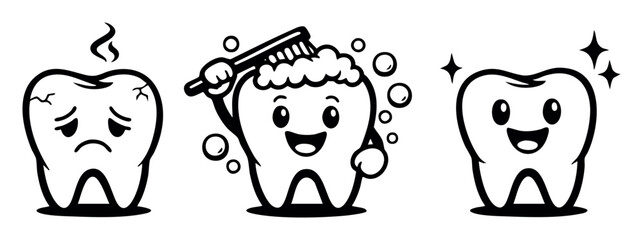 Obraz premium Cartoon teeth characters illustrating the importance of dental care, from an unhealthy tooth to a clean and bright one through brushing