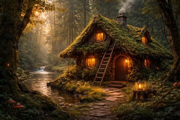 Fototapeta premium Rustic fairy tale cabin with leafy roof and wooden ladder in magical forest near river