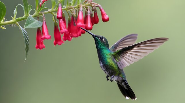 Hummingbird hovering near red flowers in tropical garden