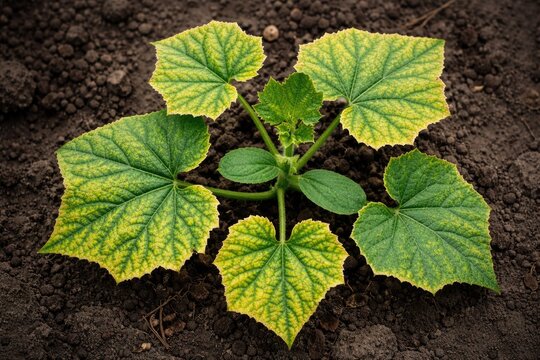 Young cucumber plant suffering from magnesium deficiency with chlorotic green and yellow foliage, viewed from top