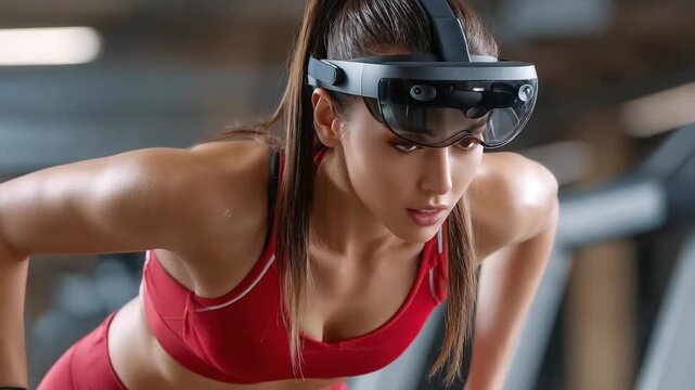 Virtual Workout with AR Headset: A determined woman, immersed in a virtual fitness experience through a sleek augmented reality headset, pushing her limits during a dynamic gym session.