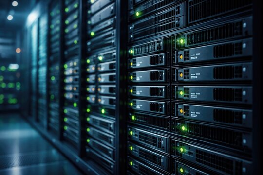detailed view of high density disk storage array with soft focus in a cool tinted data center