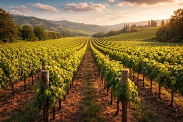 Naklejka premium Expansive vineyard landscape captured from a wide angle perspective